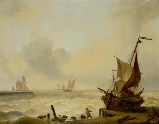 Kleine Boote kämpfen in schwerer Dünung vor der Hafeneinfahrt